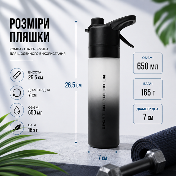 Бутылка для воды спортивная с спреем-распылителем 650 мл SPORT BOTTLE OD UA матовая с ремешком/ручкой для спорта и велосипеда | Зображення 5