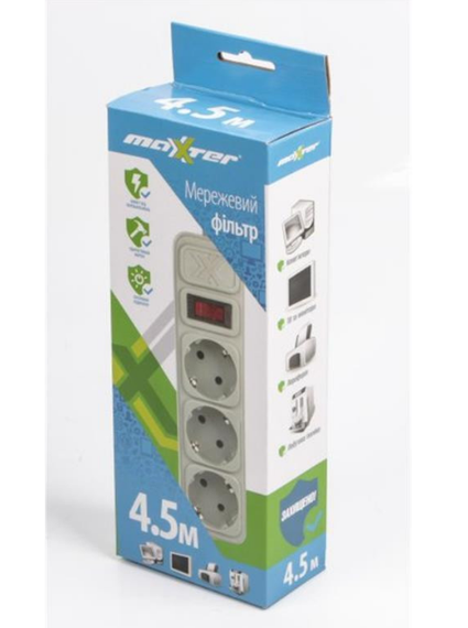 Фільтр мережевий 3 розетки 4,5 м з вимикачем сірий SPM3-G-15G Maxxter | Зображення 1