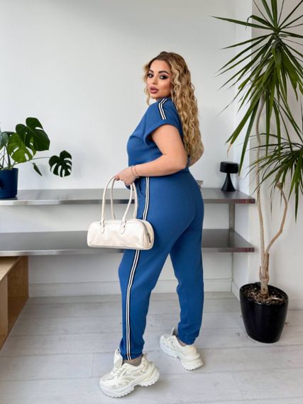 Женский спортивный костюм с лампасами штаны и футболка KF045 цвет синий, размер 48/50 | Зображення 5