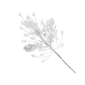 Декор Гілка хвої з акриловими краплями 23см білий із срібним глітером БОНА ДИ