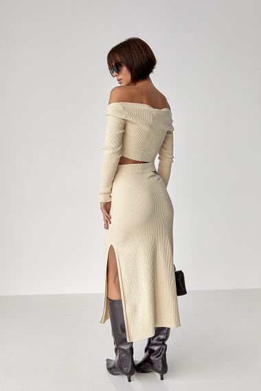 Костюм у рубчик із кроп-топом і спідницею - кремовий цвет, ONE SIZE (є розміри) | Зображення 1