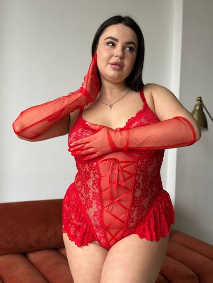 Червоний мереживний спокусливий боді PLUS SIZE | Зображення 3