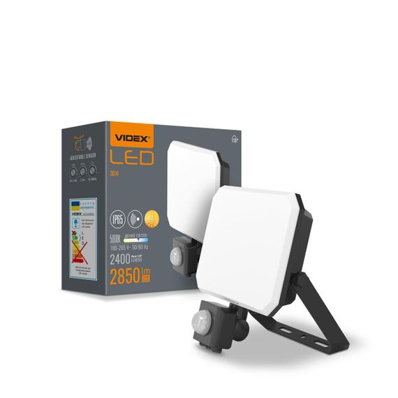 Світлодіодний прожектор VIDEX F3 30W 5000K з датчиком руху 220V Black (VLE-F3-0305B-S)