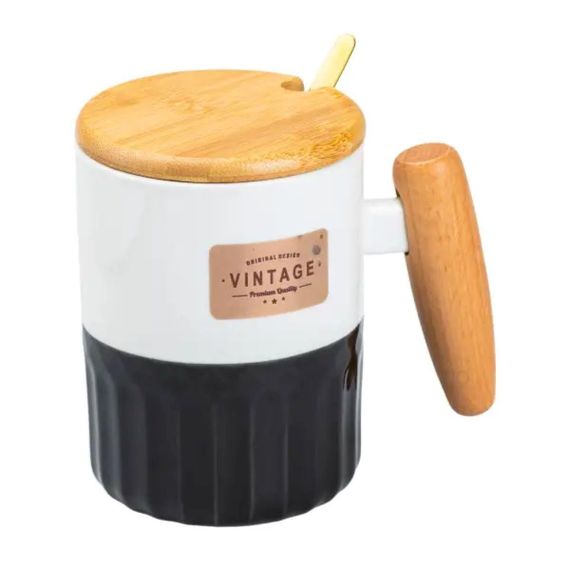 Чашка фарфоровая с бамбуковой крышкой и ручкой 400 мл Черная HP7204B