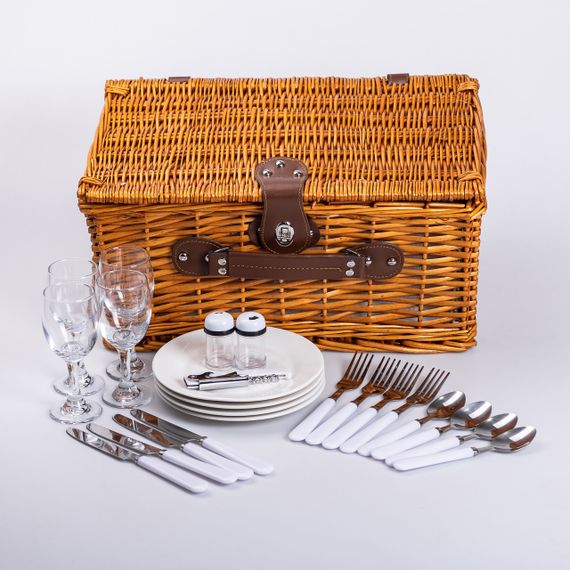 Кошик плетений для пікніка з посудом на 4 персони 42х28х20 см набір посуду туристичний для кемпінгу | Зображення 1