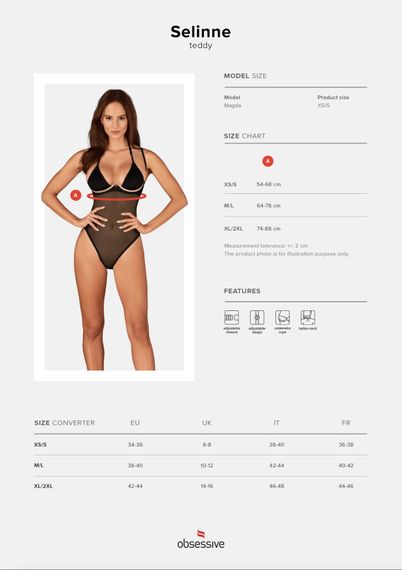 Прозрачное боди Obsessive Selinne teddy M/L Black, мелкая сетка, двойные бретели | Зображення 4
