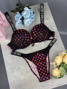 Женский Комплект Victoria`s Secret, комплект со стразами и кружевом , Женский комплект Виктория Сикрет - Новинка 2026 75В, Черный
