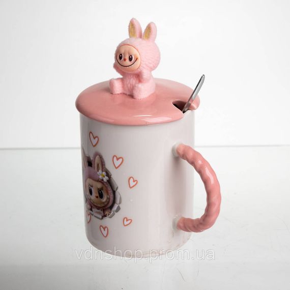 Кубок порцелянова з кришкою і ложкою Labubu 400 (мл) подарункова кружка прикольна чашка для дітей на подарунок Рожевий FM-35C | Зображення 1