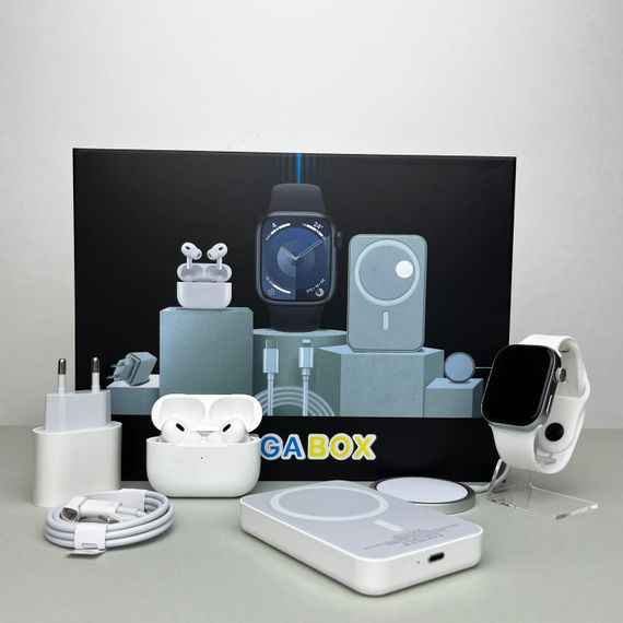 Комплект Megabox 6в1 - Watch 9 / Air Pro 2 / Battary Pack / MagSafe / 20W Type-С / Кабель 3х / Ремінець (Білий) UA