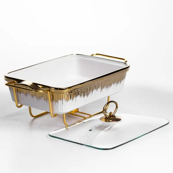 Мармитница фарфоровая 1.5 л на золотистой подставке с подогревом 35.5х19х15.5 см ML-860-13 | Зображення 2