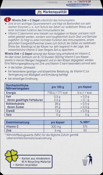 Витамины Mivolis Zink + vitamin C Миволис Цинк + витамин С, 60 капсул | Зображення 1