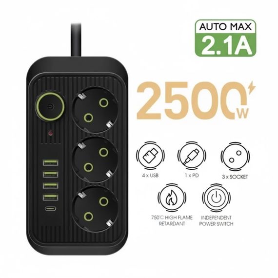 Мережевий фільтр живлення UA Power Socket F09U на 185 см 3 розетки +4USB +Type-C Port, мережевий подовжувач