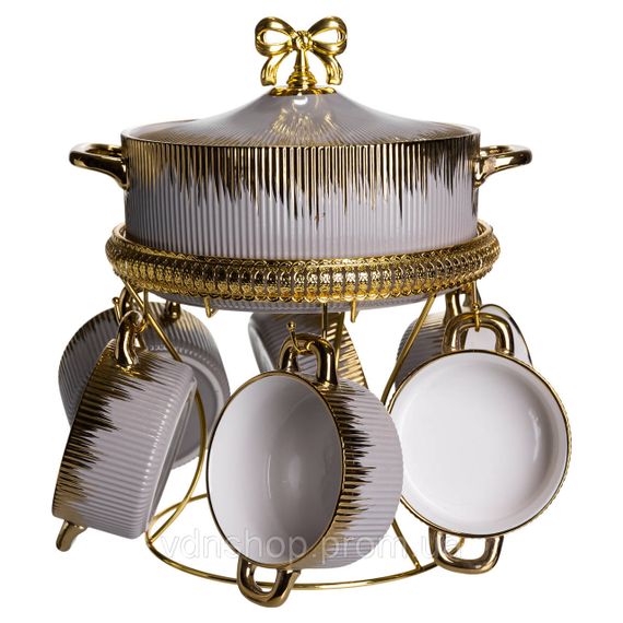 Суповой сервиз на 6 персон супница 2 (л) на подставке с бульонницами 400 (мл) тарелки для супа Серый с золотом FM-A23-6 | Зображення 1