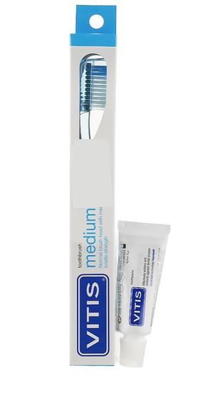 Зубна щітка VITIS MEDIUM синя, середньої жорсткості + паста VITIS WHITENING, 15 мл (DENTAID)