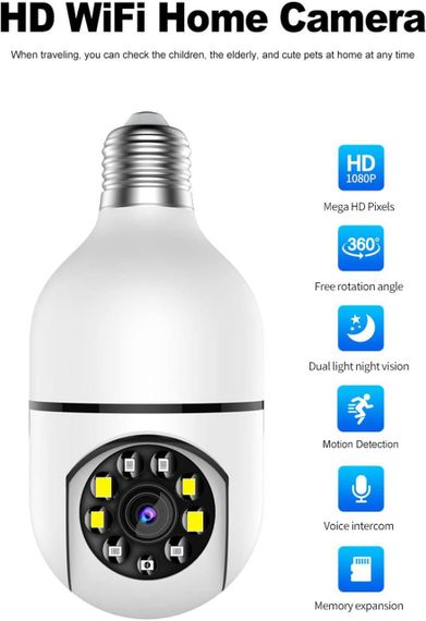 Беспроводная WiFi камера SH-RuiDu, панорамная камера безопасности в виде лампочки с двусторонней связью | Зображення 2