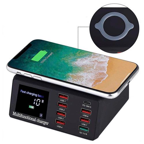 Сетевая зарядная станция 8x USB и беспроводная зарядка, PD QC3.0 LED, WLX-X9 | Зображення 1