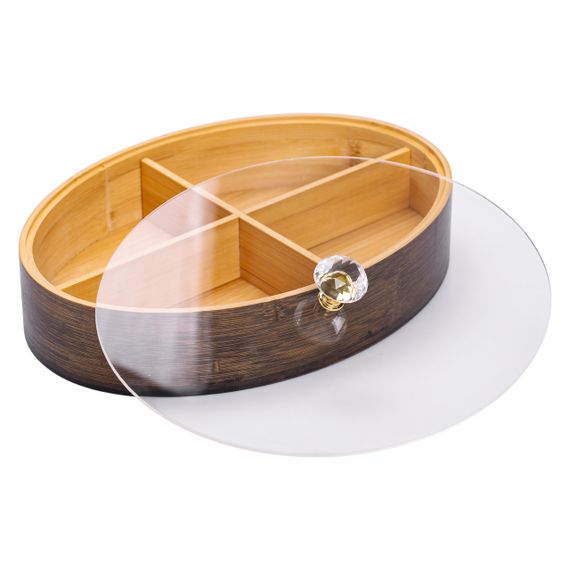 Менажниця дерев'яна на 4 секції зі скляною кришкою для закусок овальна HB-40-8 | Зображення 1