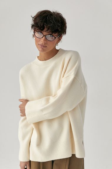 Вільний в'язаний джемпер із розрізами - молочний цвет, ONE SIZE (є розміри) | Зображення 4