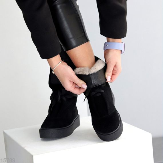 Дизайнерські зимові чорні високі черевики натуральна замша | Зображення 4