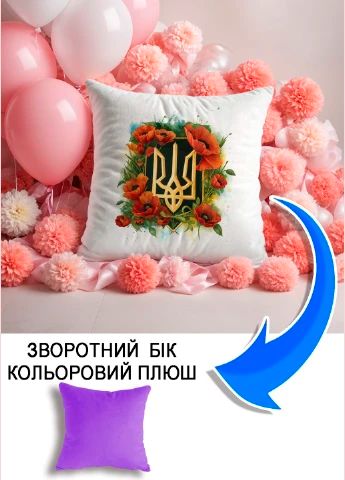 Подушка плюшева Мерч Крафт Дизайн з принтом тризуб маки 01 бузковий плюш квадратна 33х33 см