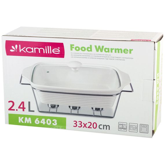 Мармит керамический Kamille 2.4 л с крышкой стеклянной прямоугольный хромированная подставка 3 подсвечника | Зображення 9