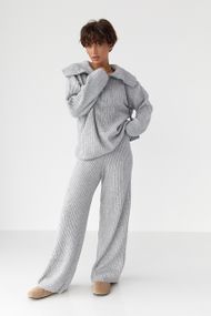 В'язаний костюм із широкими штанами та светром на блискавці - світло-сірий цвет, ONE SIZE (є розміри)