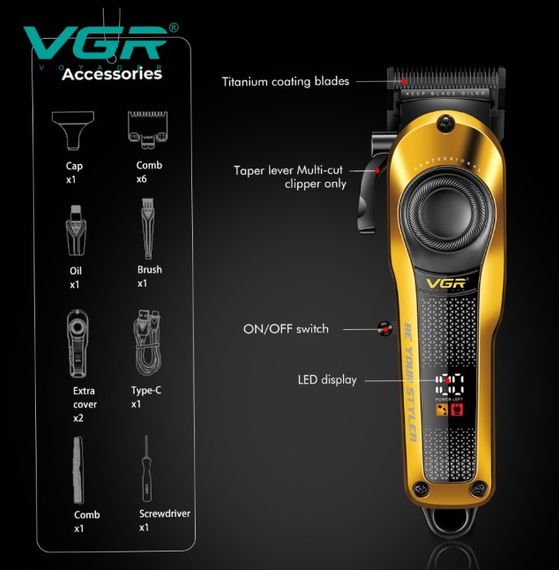Машинка для стрижки VGR V-170 Professional Hair Clipper 6 насадок 1.5-13 мм LED-дисплей аккумуляторная 5 Вт Золотистая | Зображення 2