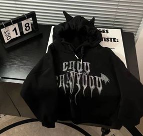 Жіноче тепле худі з ріжками оверсайз на флісі з капюшоном колір чорний, розмір 42/48 TS158