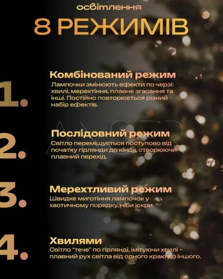 Гирлянда Роса 100 м с теплым белым светом – зеленая нить, пульт, 8 режимов | Зображення 2