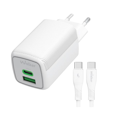 Зарядний пристрій мережевий USB/Type-C + кабель Type-C 65W білий GaN WALKER WH-75 white