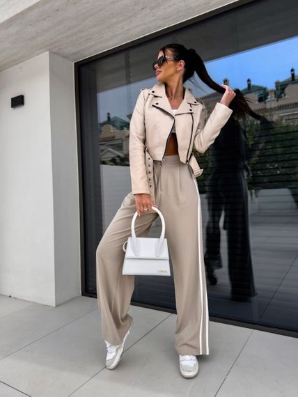 Женские широкие брюки палаццо с лампасами свободные NA2010 цвет бежевый, размер 46/48 | Зображення 2