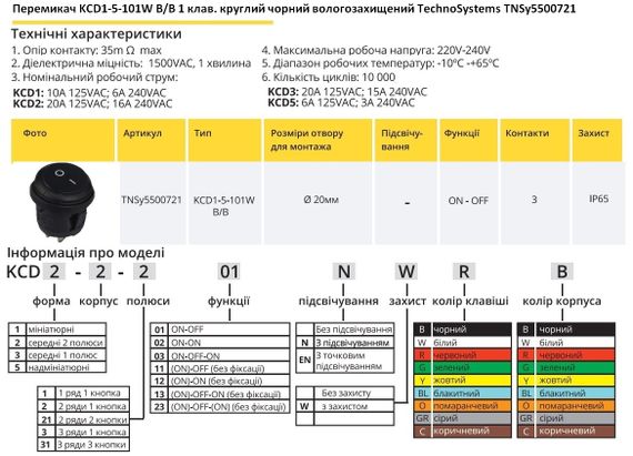 Перемикач KCD1-5-101W B/B 1 клавіша чорна кругла вологозахищена Ny95500721 | Зображення 1