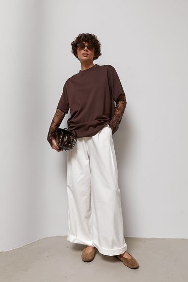 Трикотажний лонгслів з мереживними вставками на рукавах - коричневий цвет, S (є розміри) | Зображення 2