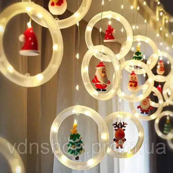 Гирлянда штора “Круги и шары” 3м (ёлка, снеговик, дед мороз, олень, шапка) | Зображення 5