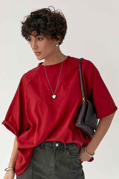 Однотонна вільна футболка з рукавами-реглан - червоний цвет, ONE SIZE (є розміри) | Зображення 4