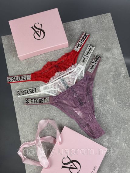 Комплект кружевных женских стрингов со стразами Victoria's Secret - 3 шт на выбор, трусики-стринги Виктория Сикрет L-кружевные | Зображення 5