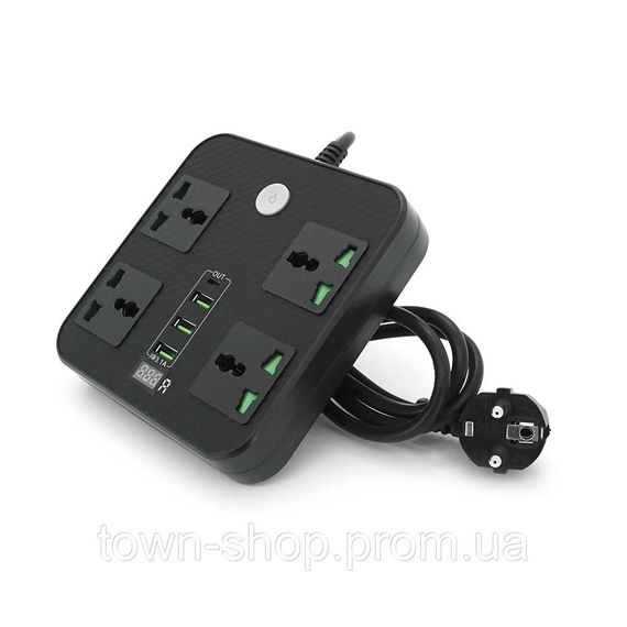 Сетевой фильтр ТВ-Т90, 4 розетки + 3 USB, 2 м, сечение 3х0,75мм, 3000W, Black, Box | Зображення 2
