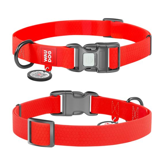 Нашийник для собак водостійкий WAUDOG Waterproof c QR паспортом, пластикова пряжка-фастекс, Ширина 25 мм, Довжина 38-58 см, червоний