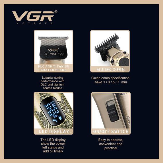 Триммер для стрижки аккумуляторный VGR V-954, 4 насадки, 7000 RPM, LED дисплей | Зображення 8