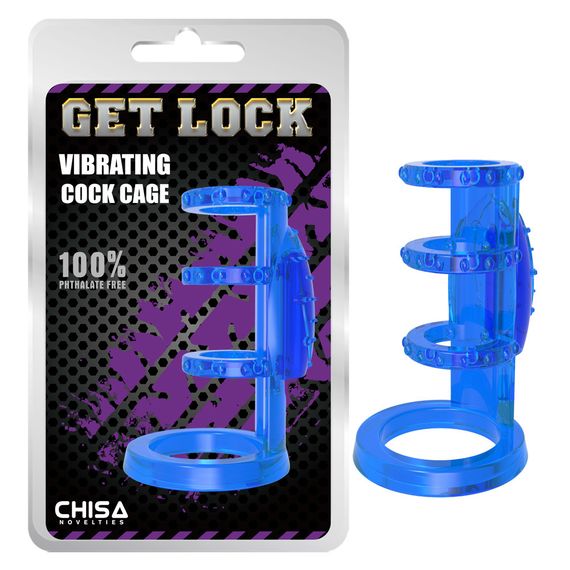 Насадка з вібрацією Chisa Get Lock Vibrating Cock Cage та ерекційними кільцями, синя Sex Aura