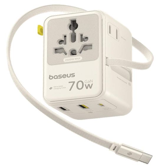 Мережевий універсальний перехідник Baseus CG11 70W with retractable cable (2USB-A/3C/1Socket) (E0307E) Off-White
