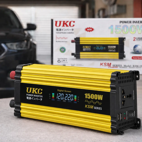 Автомобильный инвертор Желтый / Преобразователь напряжения с 12-220V, 1500Вт, 2хUSB | Зображення 1