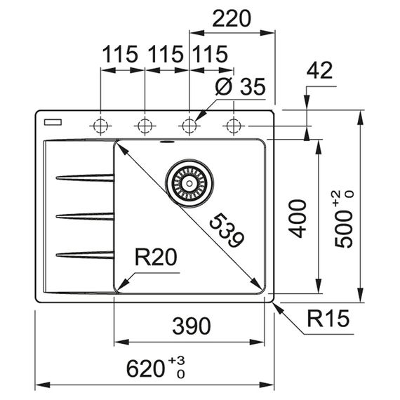 Кухонная мойка Franke Centro CNG 611-62 TL /114.0630.453/ Фрагранит/с крылом/ 620х500х20/серый камень (114.0630.453) | Зображення 1