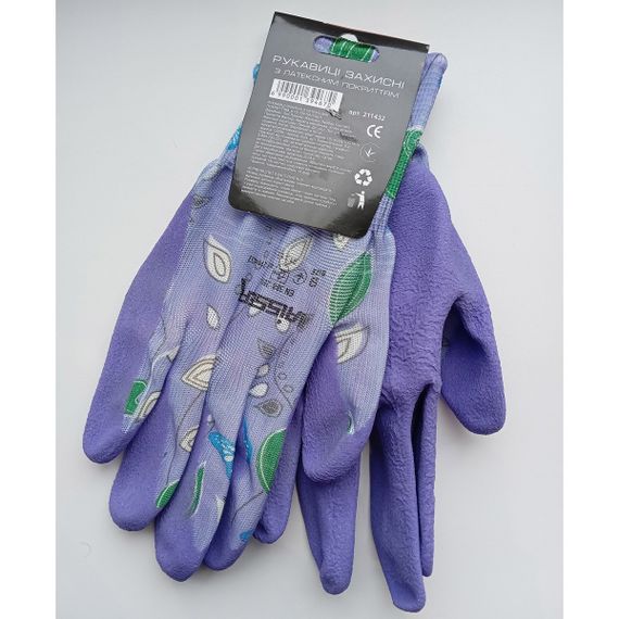 Перчатки полиэстер фиолетовые с зеленым латексным покрытием Haisser 211432 | Зображення 1