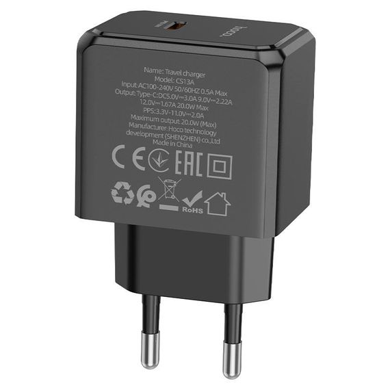 СЗУ 110-240V HOCO CS13A 1xUSB-C, PD20W, Black, Blister | Зображення 2