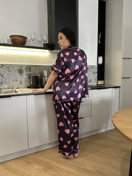 Піжама PLUS SIZE чорна у сердечко з сорочкою та штанами | Зображення 9