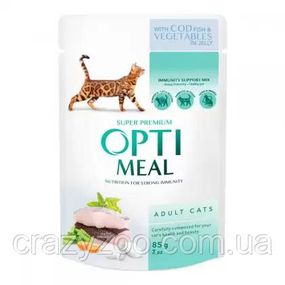 Консерва для дорослих котів OptiMeal Adult Cat тріска й овочі в желе 85 г B2711402