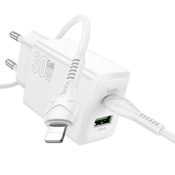 СЗУ Hoco N71 Nuevo PD30W+QC3.0 (1USB-A/1C) + кабель Type-C to Lightning White | Зображення 1