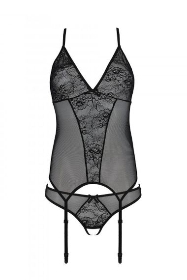 Корсет із пажами, трусики з ажурним декором та відкритим кроком Passion URSULA CORSET S/M, black Sex Aura | Зображення 2