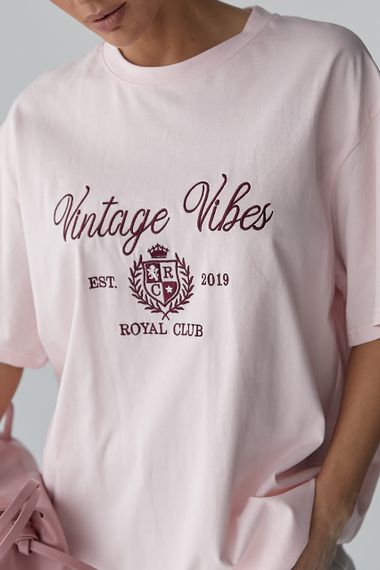 Оверсайз футболка з вишитими написами - пудра цвет, ONE SIZE (є розміри) | Зображення 3